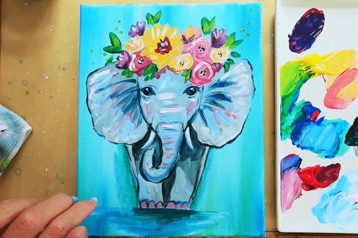 Paint a Whimsical Elephant With a Floral Crown in Acrylics