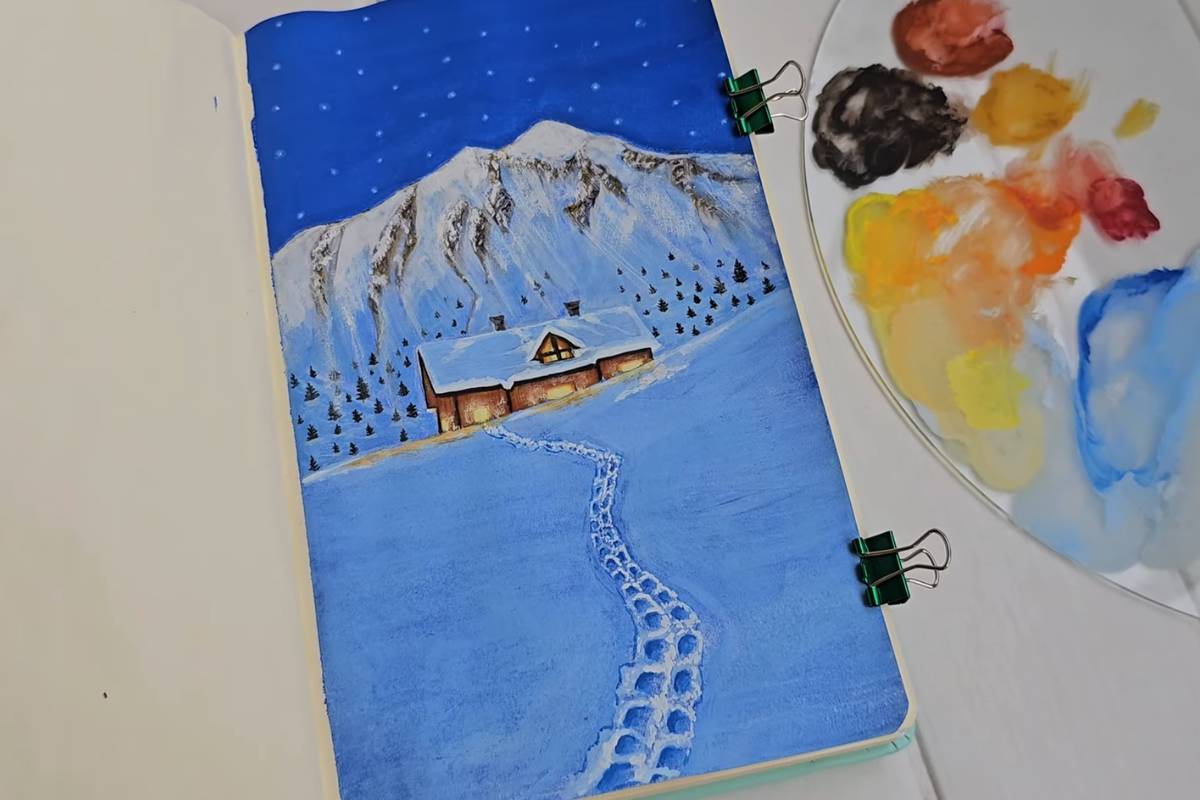Cozy Winter Cabin at Night (Gouache Tutorial)