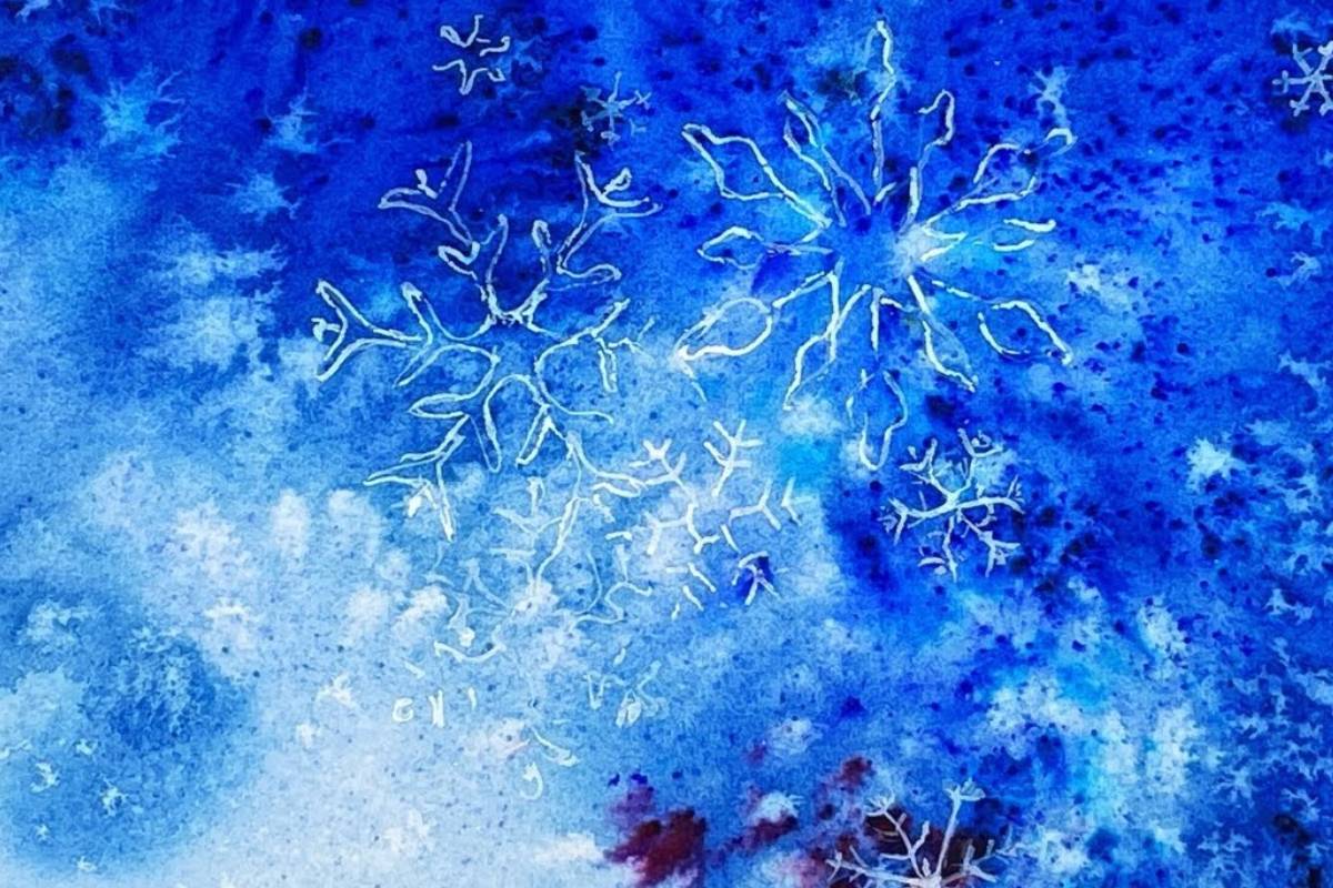 Watercolor Snowflakes with Salt and Crystals Texture