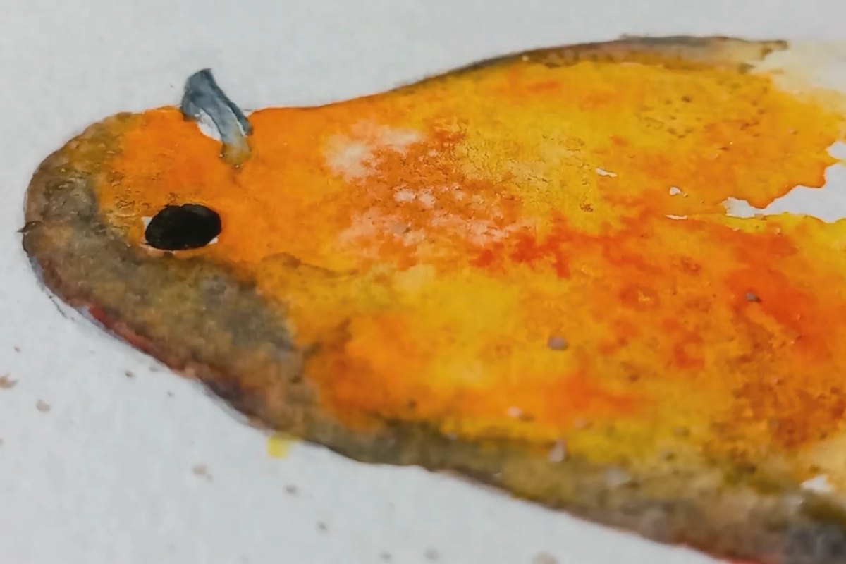 Close-up of the watercolor robin showing the dark eye, gray beak and salt texture on the orange chest